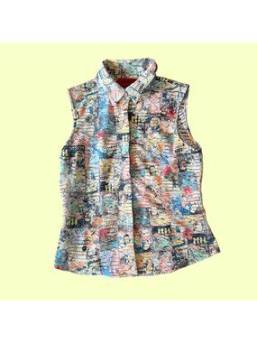 Culture by Krazy Larry Button Down Semi Sheer Sleeveless Pop Art Top S